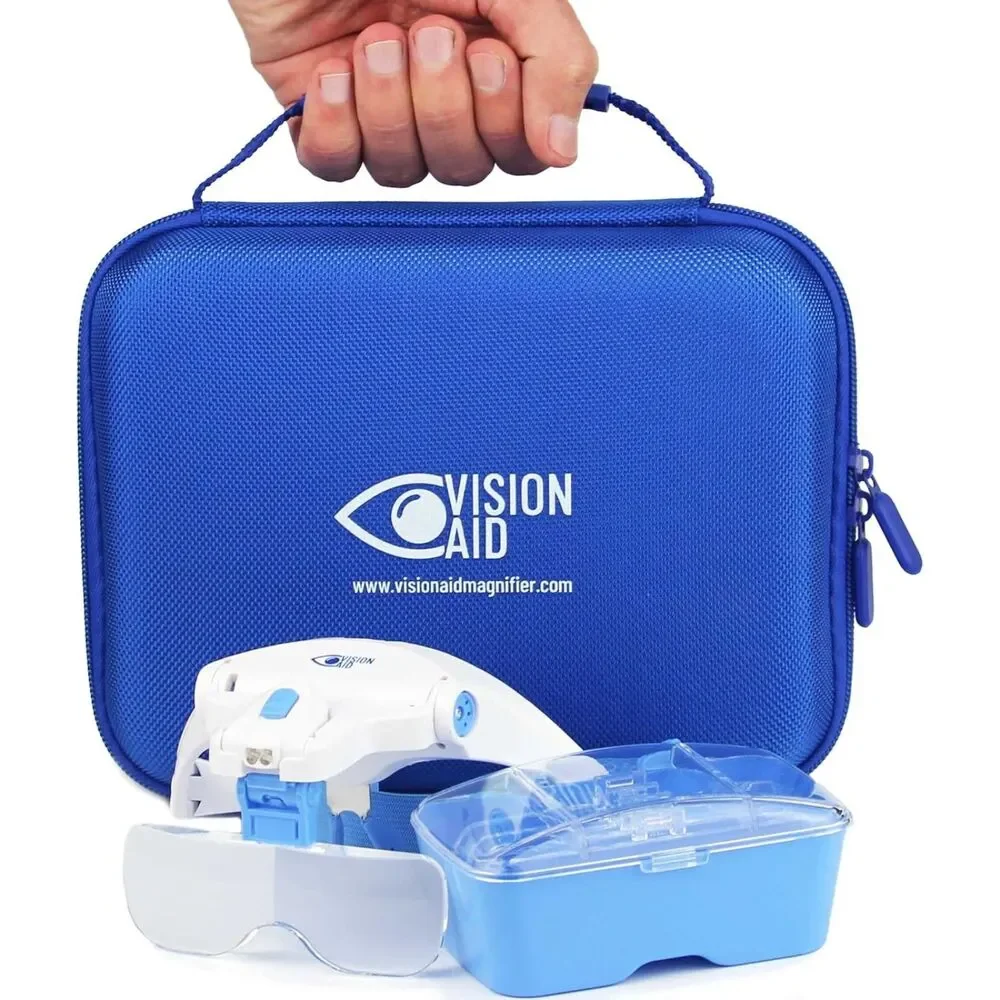🔍 Vision Aid Magnifier Headset Battery Powered 5 Lenses Blue Case Crafting